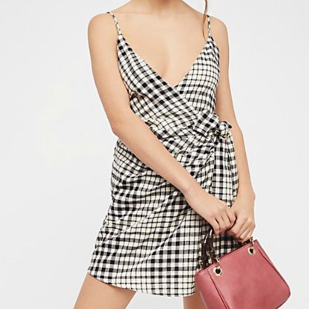 Free People Black Plaid Wrap Mini Dress, Size 4